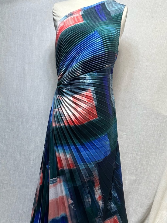 Socialite Dresses & Skirts - Socialite One-Shoulder Pleated Asymmetrical Maxi Dress Abstract Teal, Blue & Red
